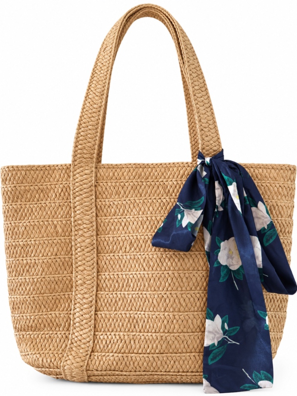Draper James Woven Straw Tote Bag with Navy Floral Scarf